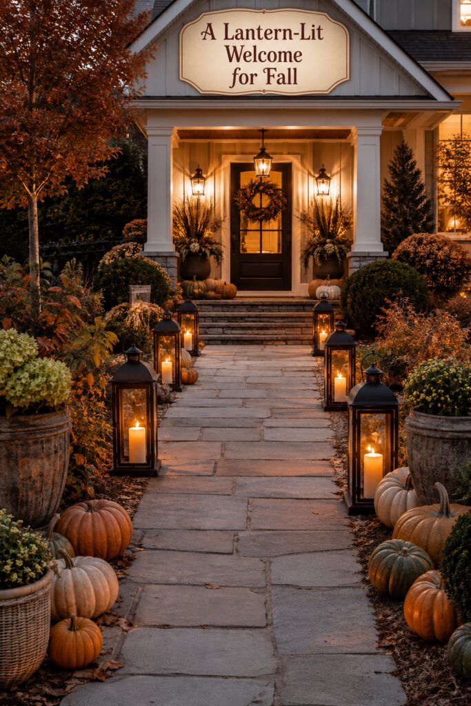 Lantern and Pumpkin Lined Front Walk for Fall Decor