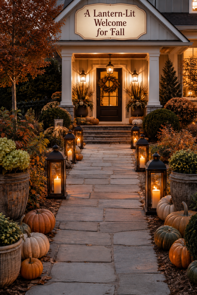 Lantern and Pumpkin Lined Front Walk for Fall Decor