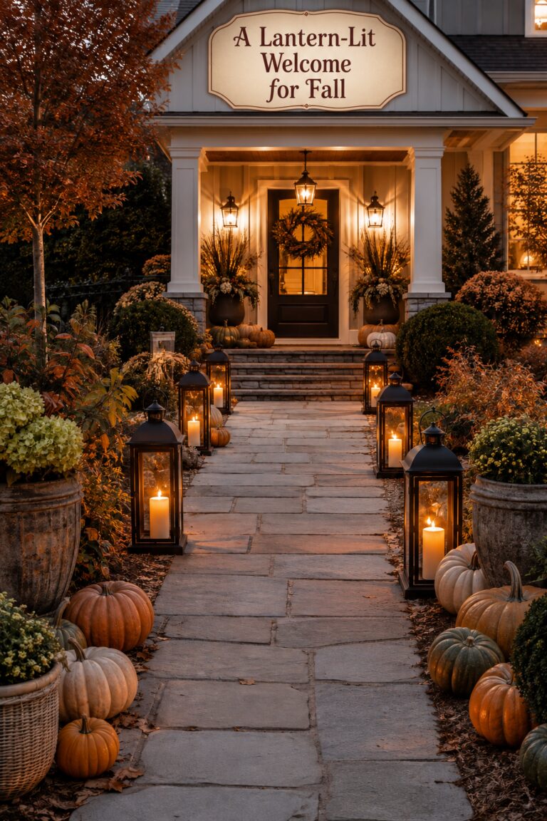 Lantern and Pumpkin Lined Front Walk for Fall Decor