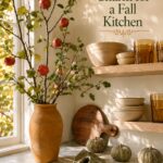Large Apple Branches in Ochre Vase with Velvet Pumpkins
