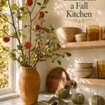 Large Apple Branches in Ochre Vase with Velvet Pumpkins