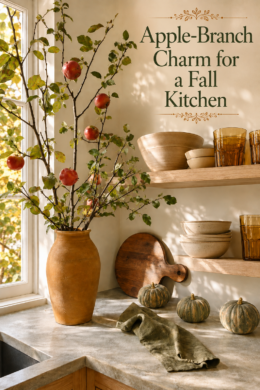 Large Apple Branches in Ochre Vase with Velvet Pumpkins