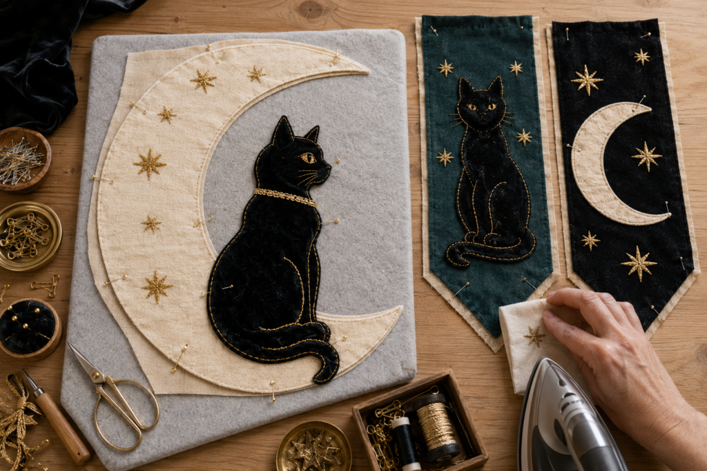 Layered cat-and-crescent applique layout