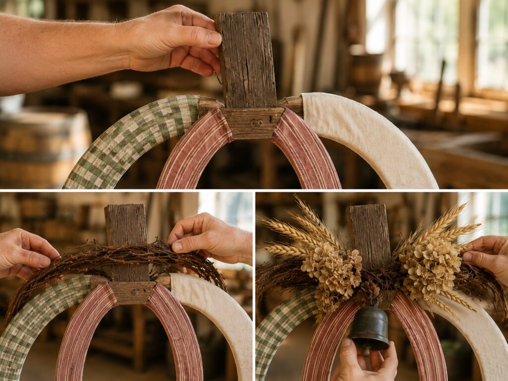 Layering a rustic pumpkin wreath topper