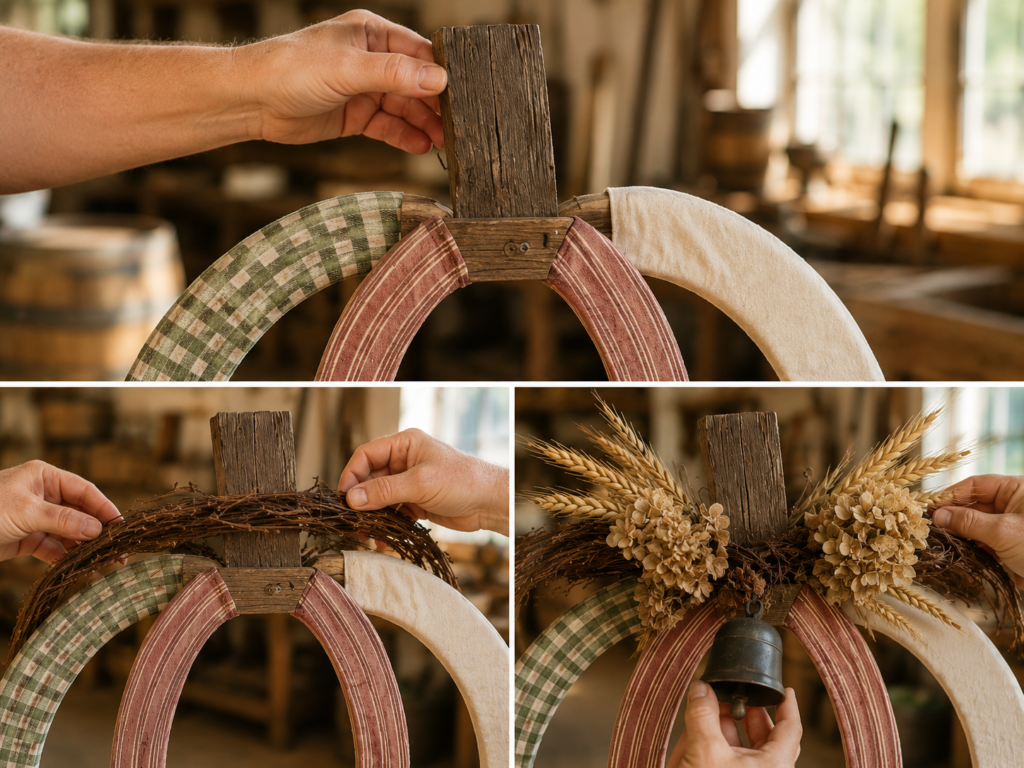 Layering a rustic pumpkin wreath topper