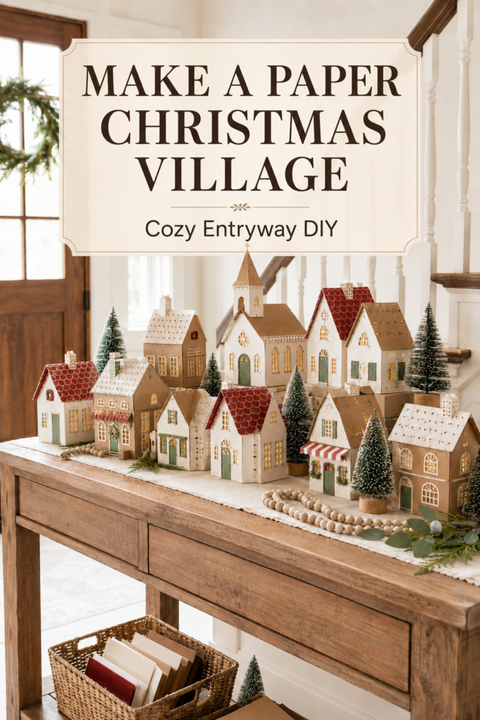 Handmade paper and cardboard Christmas village on entry table in cream brown red and green