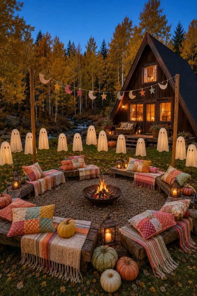 Marshmallow ghost meadow around a cabin fire pit with patchwork pillows lanterns pumpkins and autumn blankets