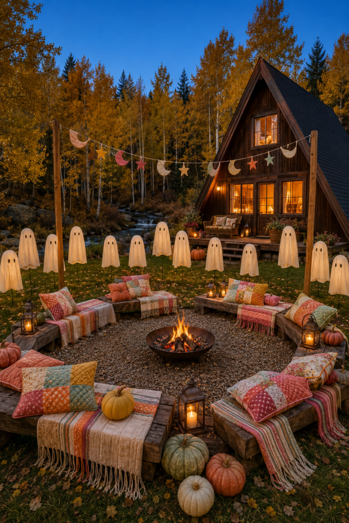 Marshmallow ghost meadow around a cabin fire pit with patchwork pillows lanterns pumpkins and autumn blankets