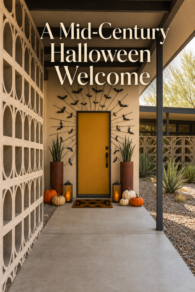 Mid Century Mustard Door with Halloween Bats and Pumpkins