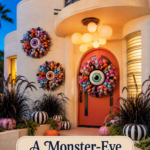 Monster eye Halloween welcome with three ribbon wreaths graphic pumpkins and warm globe lighting on a Streamline Moderne porch