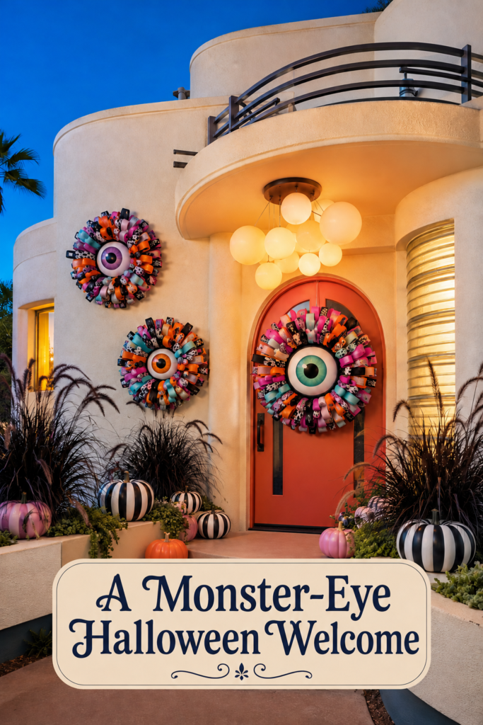 Monster eye Halloween welcome with three ribbon wreaths graphic pumpkins and warm globe lighting on a Streamline Moderne porch
