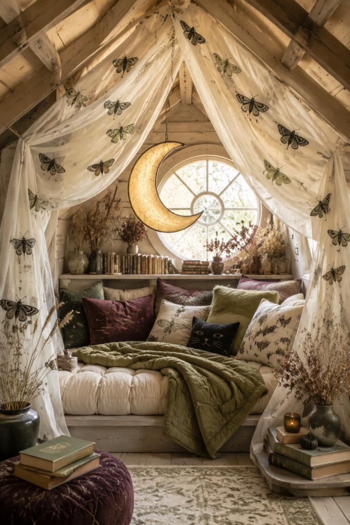 Moon moth canopy reading loft with crescent lamp olive bedding plum pillows dried botanicals and rustic wood beams
