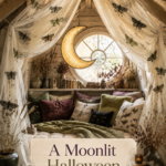 Moonlit Halloween reading loft thumbnail with moth canopy crescent pendant layered pillows and warm editorial title