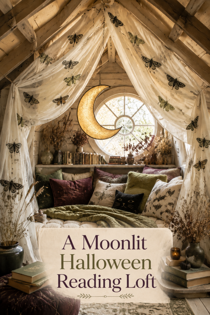 Moonlit Halloween reading loft thumbnail with moth canopy crescent pendant layered pillows and warm editorial title