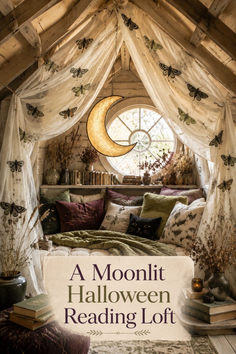 Moonlit Halloween reading loft thumbnail with moth canopy crescent pendant layered pillows and warm editorial title
