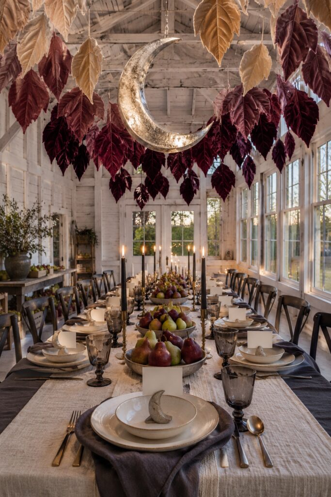Moonlit Pear Orchard Supper With Floating Velvet Leaves