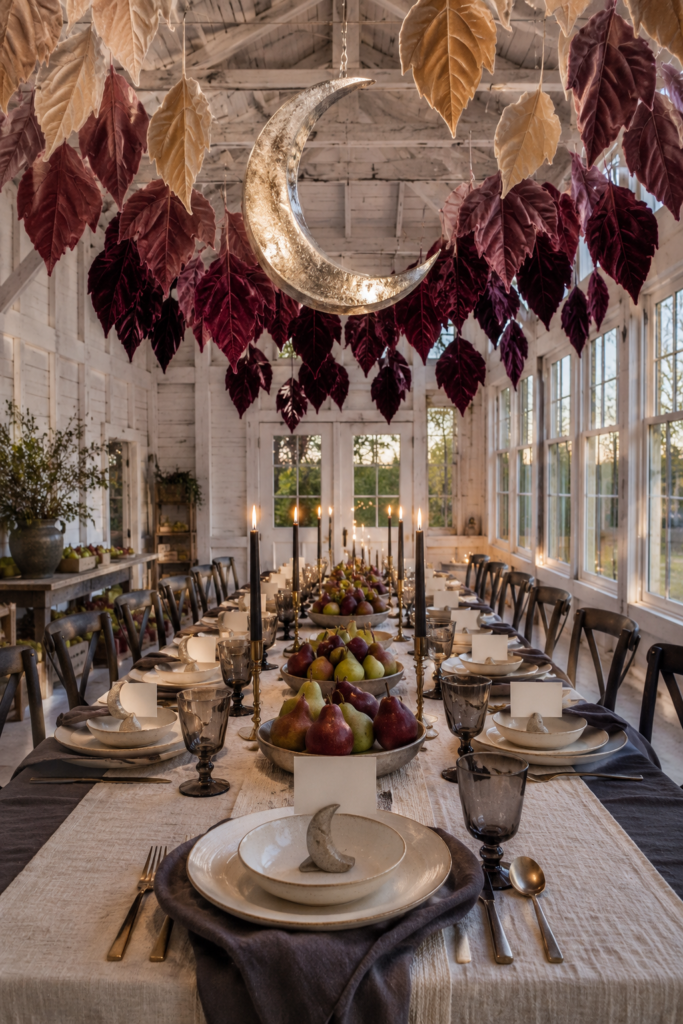 Moonlit Pear Orchard Supper With Floating Velvet Leaves
