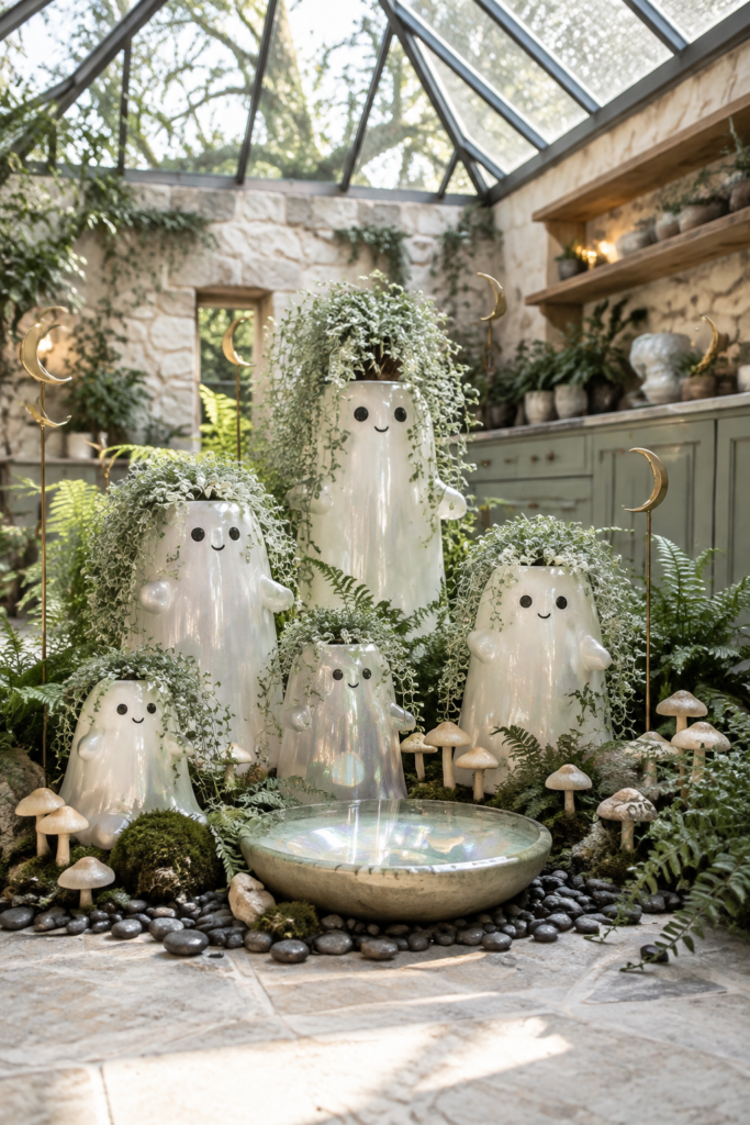 Moonstone ghost garden with pearly planters silver vines ferns mushrooms crescent stakes and an iridescent pool