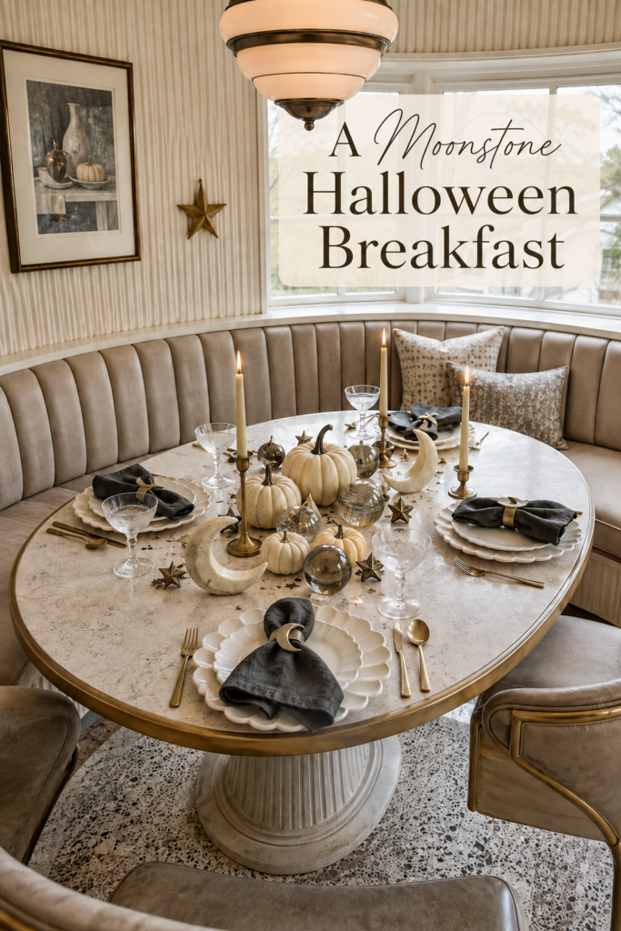 Elegant Halloween breakfast booth with charcoal napkins candlelight scalloped plates and celestial pumpkin centerpiece