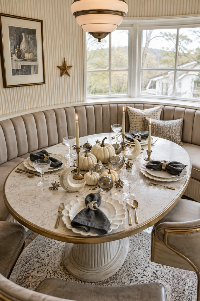 Moonstone Halloween breakfast table with ivory pumpkins crescent moons smoky glass orbs and brass stars