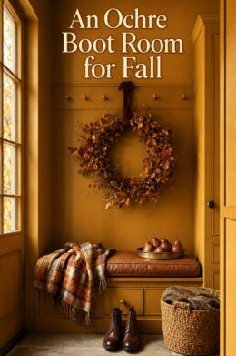 ochre boot room for fall with copper leaf wreath cognac cushion and layered autumn textiles