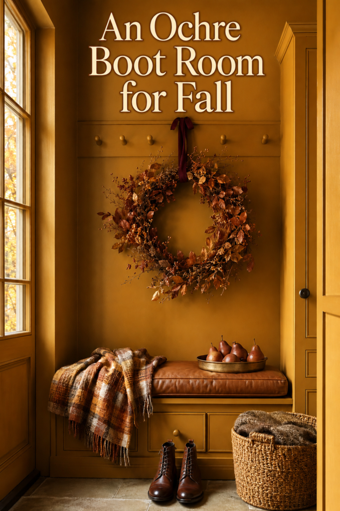 ochre boot room for fall with copper leaf wreath cognac cushion and layered autumn textiles