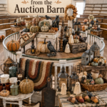 Old Barn Auction Halloween Display with Quilted Pumpkins