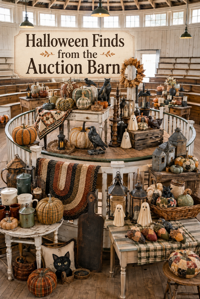 Old Barn Auction Halloween Display with Quilted Pumpkins