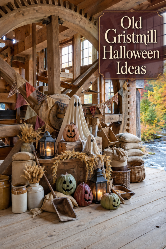 Old Gristmill Halloween Decorating Ideas with ghosts green and dark orange pumpkins and grain sacks