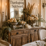 Old world Thanksgiving sideboard with silver pear bowls candles greenery and warm title text
