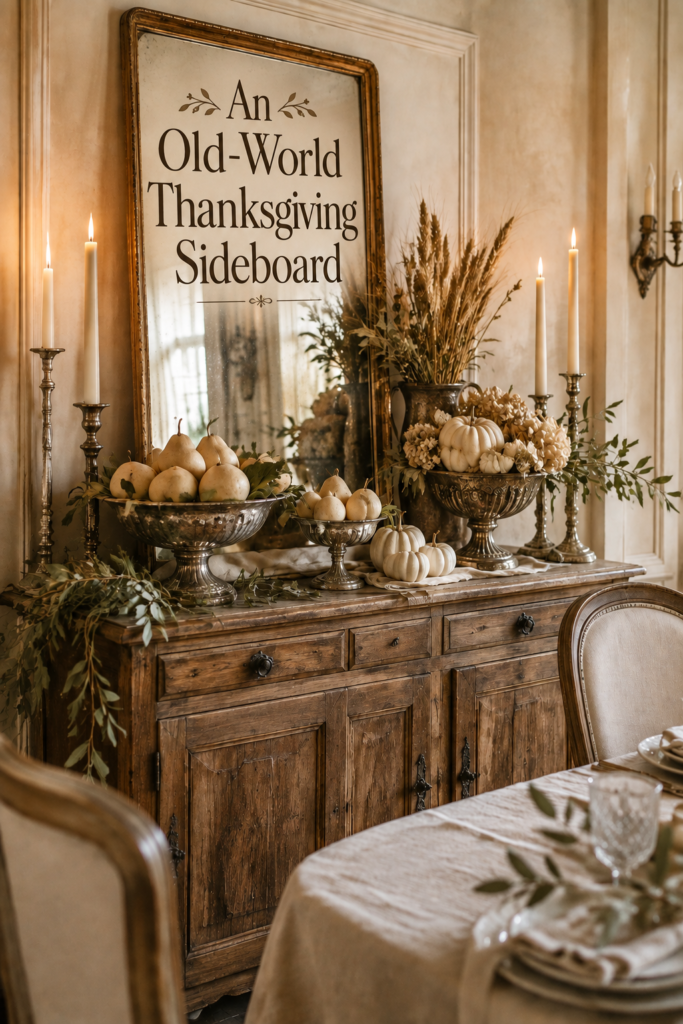 Old world Thanksgiving sideboard with silver pear bowls candles greenery and warm title text