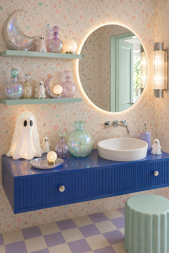 Iridescent ghost collection with pastel potion bottles crescent moons and glowing orb lights in a terrazzo powder room