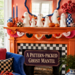 Orange and Blue Living Room with White Ghosts on Mantel