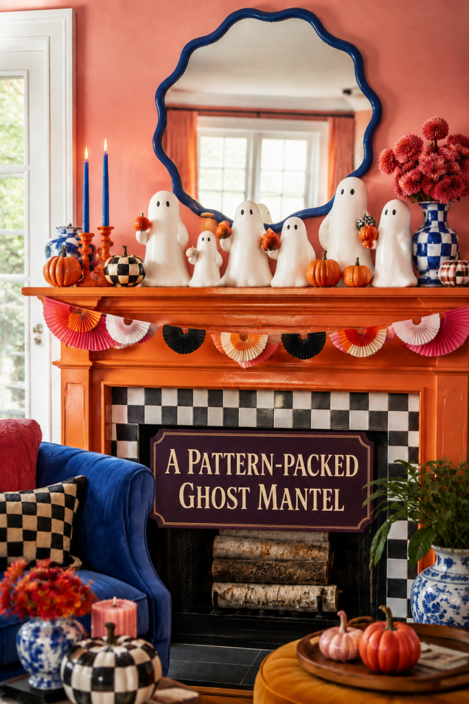Orange and Blue Living Room with White Ghosts on Mantel