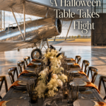 Orange and Crescent Moon Halloween Tablescape in Airplane Hangar