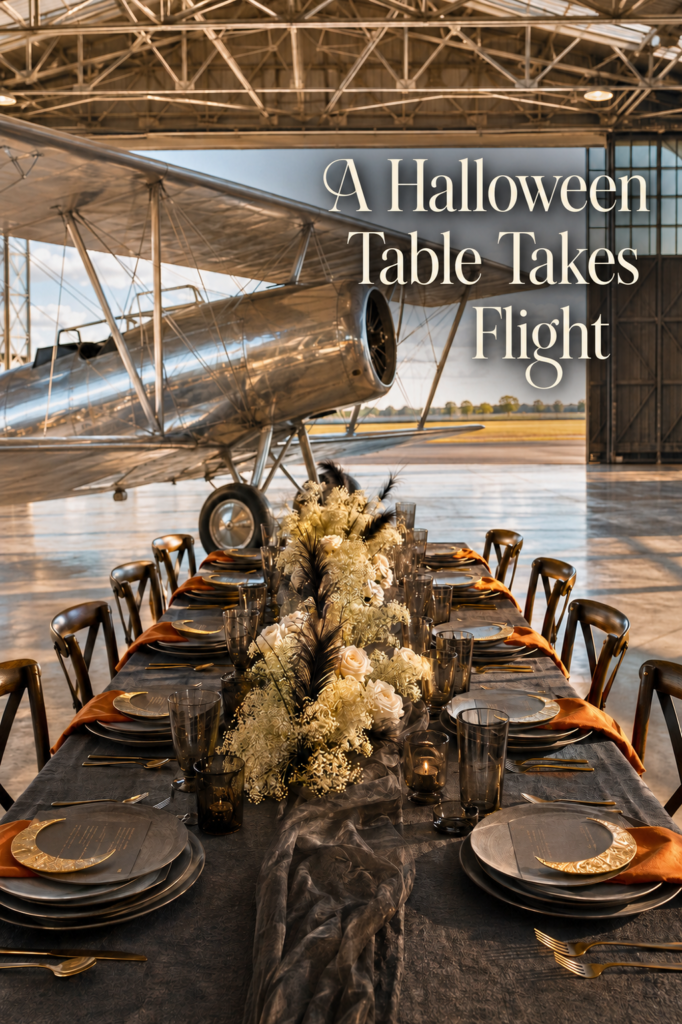 Orange and Crescent Moon Halloween Tablescape in Airplane Hangar