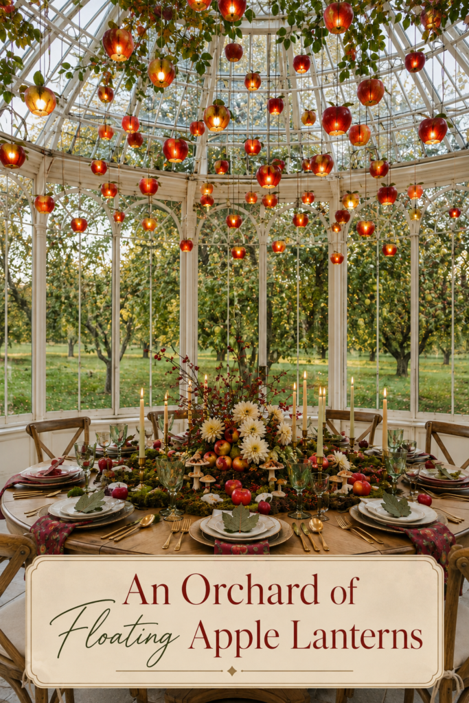 Fall greenhouse tablescape beneath glowing apple lanterns with an orchard centerpiece and a warm editorial title panel