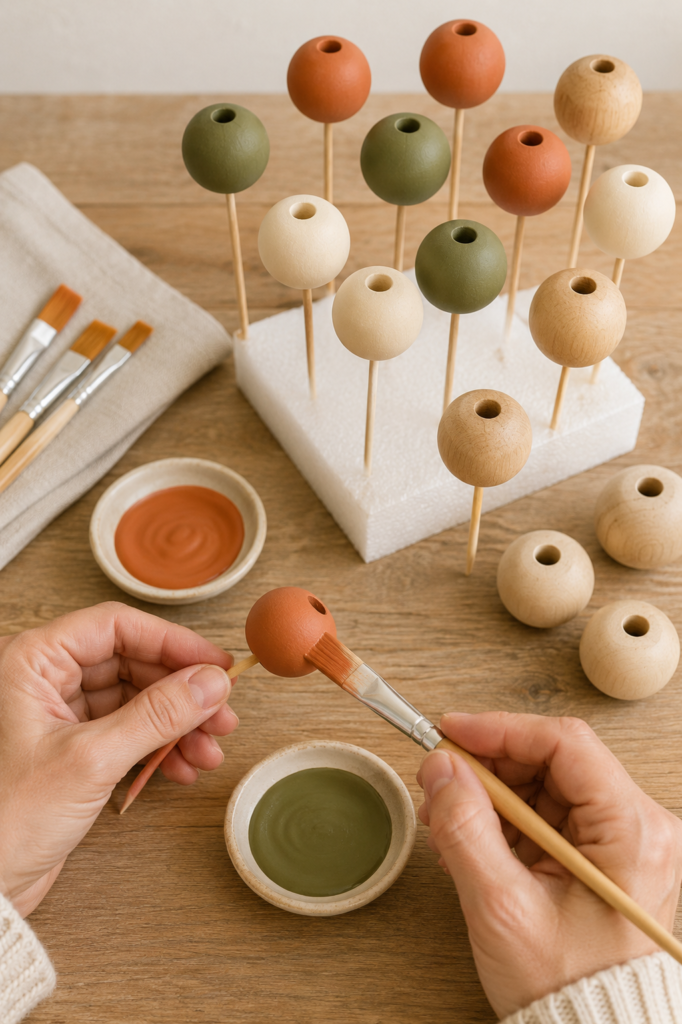 Painting oversized beads for a fall wreath