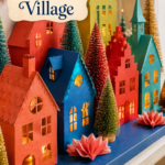 Coral cobalt turquoise and citron paper houses form a tiny Christmas streetscape