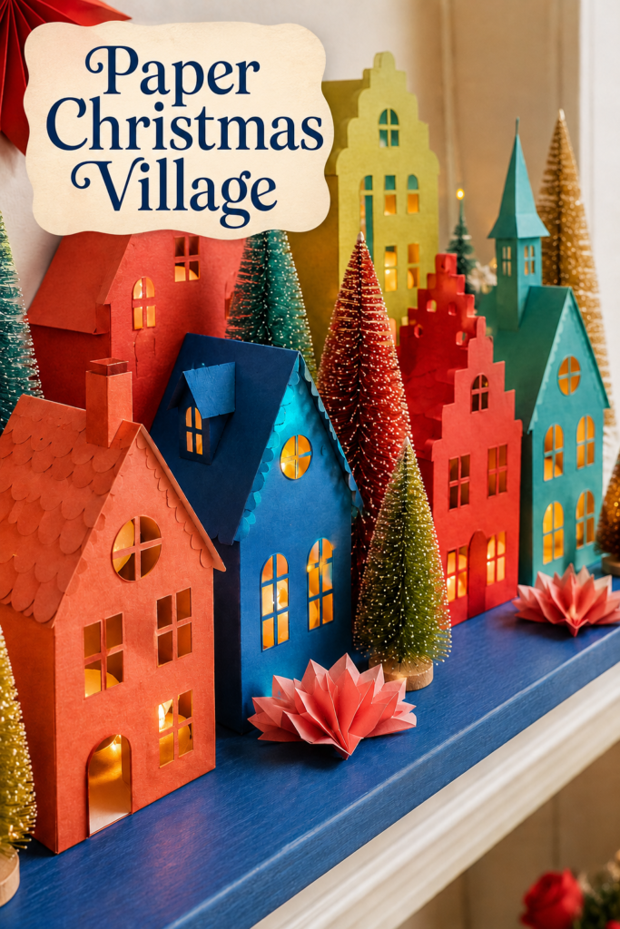 Coral cobalt turquoise and citron paper houses form a tiny Christmas streetscape