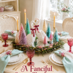 Pastel Christmas Trees and Swans Tablescape