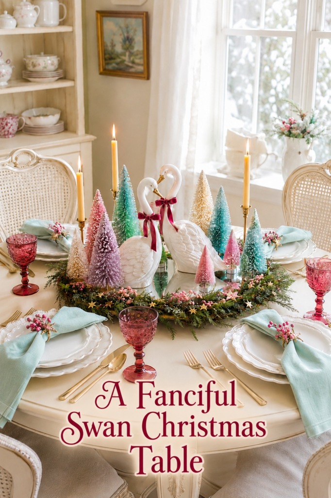 Pastel Christmas Trees and Swans Tablescape