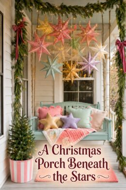Pastel Pink Aqua and Yellow Christmas Porch with Stars