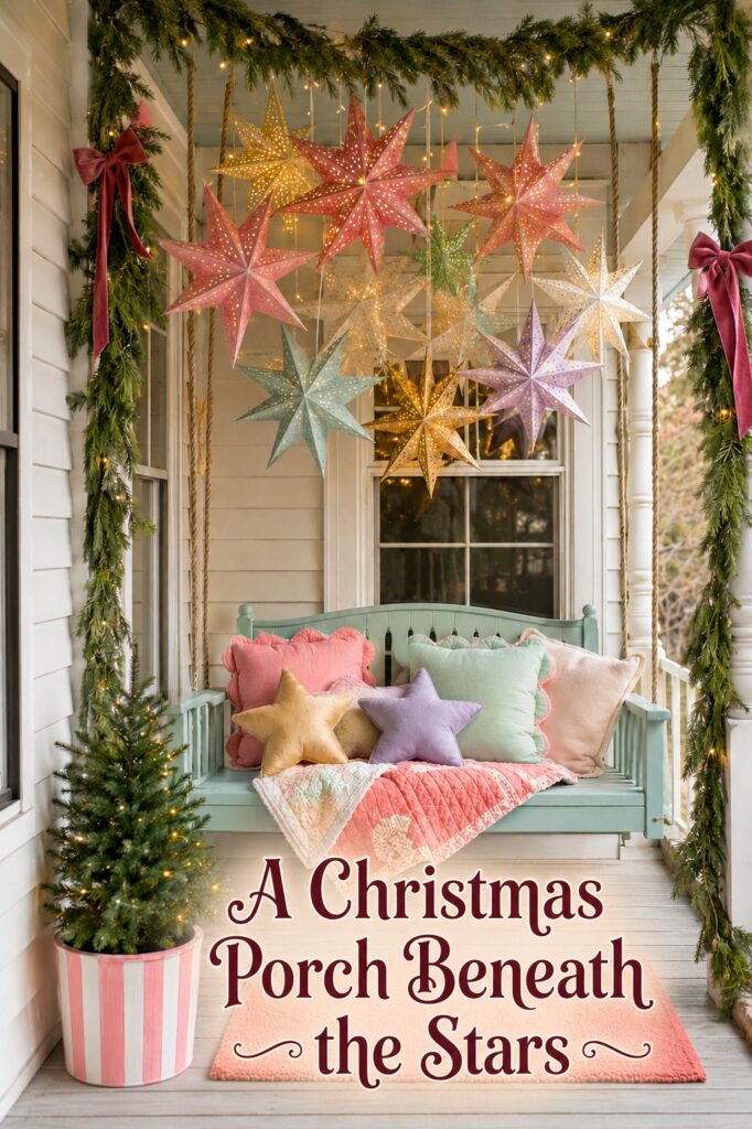 Pastel Pink Aqua and Yellow Christmas Porch with Stars