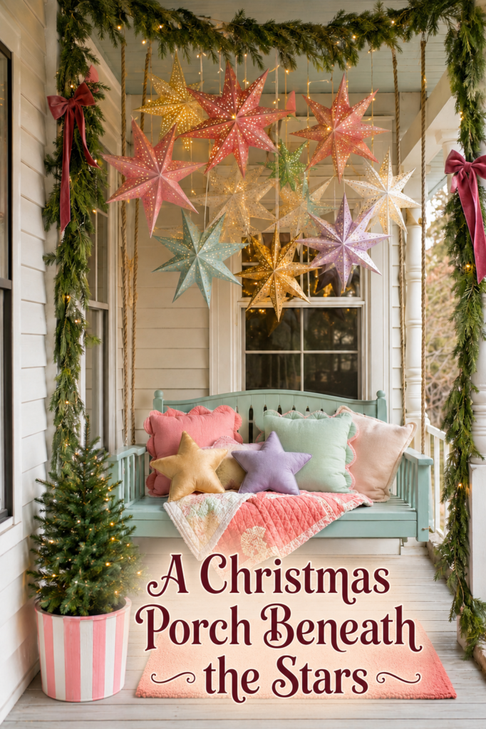 Pastel Pink Aqua and Yellow Christmas Porch with Stars