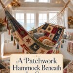 Fall reading loft featuring a quilted star hammock beneath warm lights with an editorial title overlay