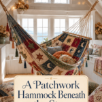 Fall reading loft featuring a quilted star hammock beneath warm lights with an editorial title overlay