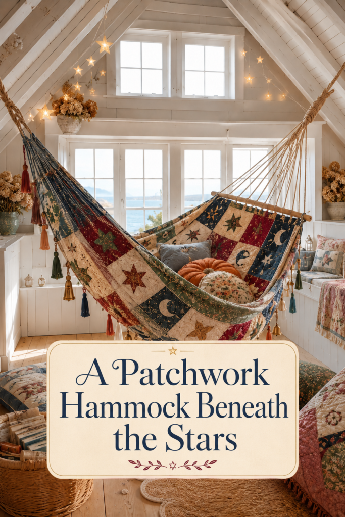 Fall reading loft featuring a quilted star hammock beneath warm lights with an editorial title overlay