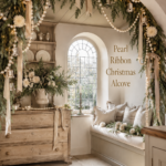 Pearl Ribbon Christmas Alcove title beside a decorated evergreen arch with champagne bows pearls bells and warm lights