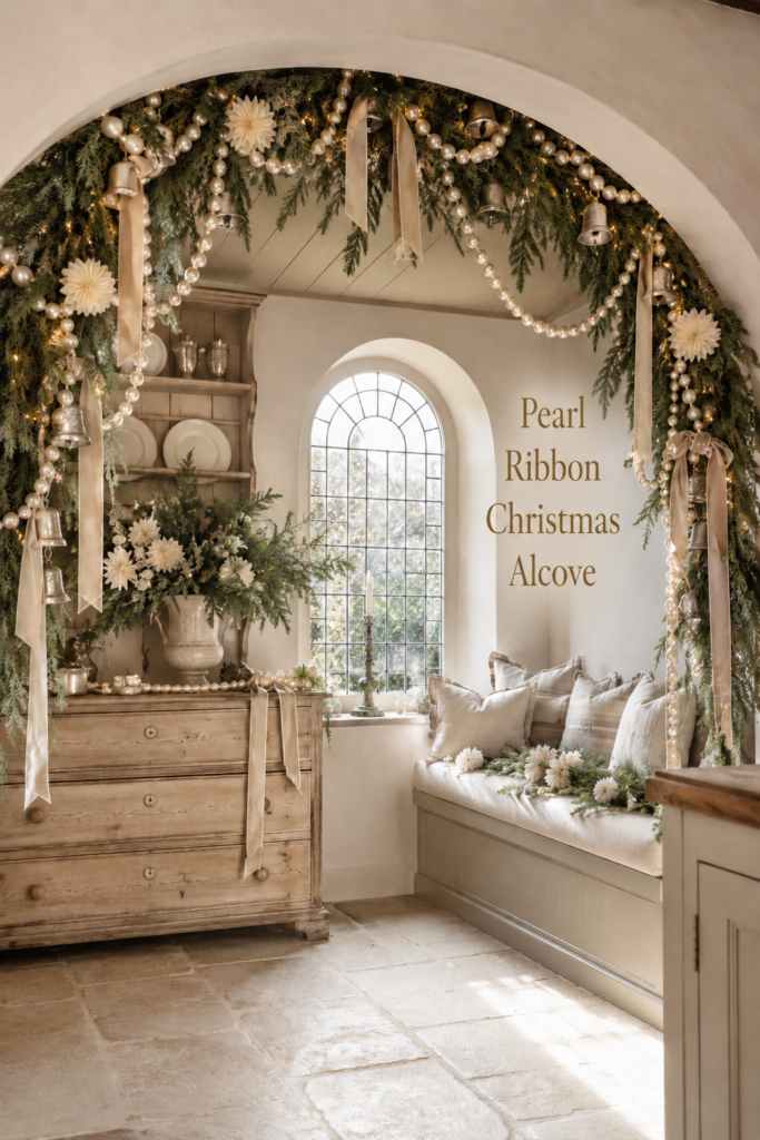 Pearl Ribbon Christmas Alcove title beside a decorated evergreen arch with champagne bows pearls bells and warm lights